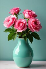 Full bloom pink roses in a glossy turquoise ceramic vase , visual, studio, home