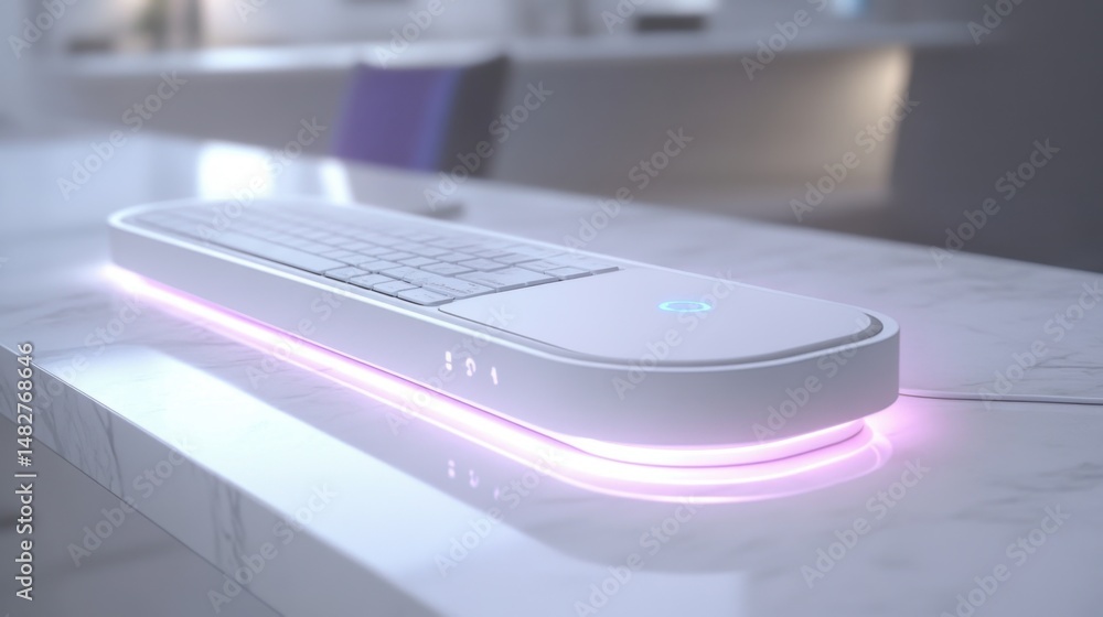 Poster clean desk with smart light strip, keyboard, and automation hub connected to office network