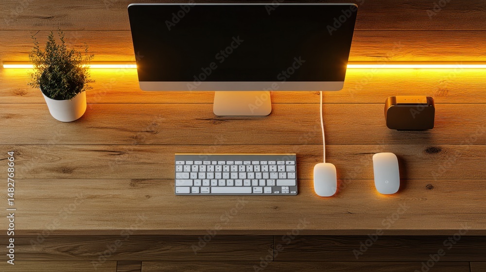 Poster clean desk with smart light strip, keyboard, and automation hub connected to office network