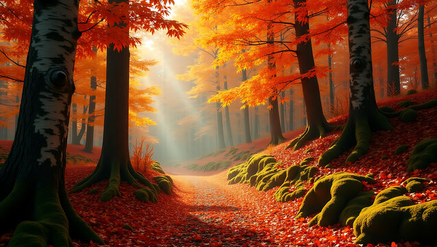 Serene autumn forest path with sunlight streaming through vibrant orange foliage