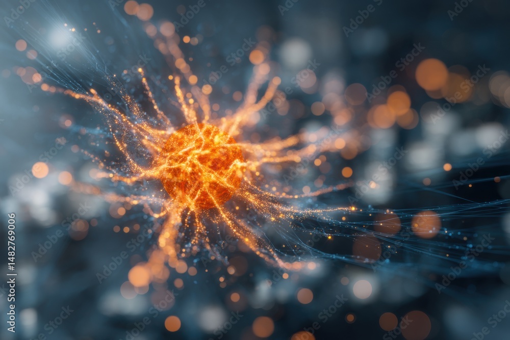 Poster abstract glowing sphere with particle streams in motion; close-up shot of energy field; futuristic s