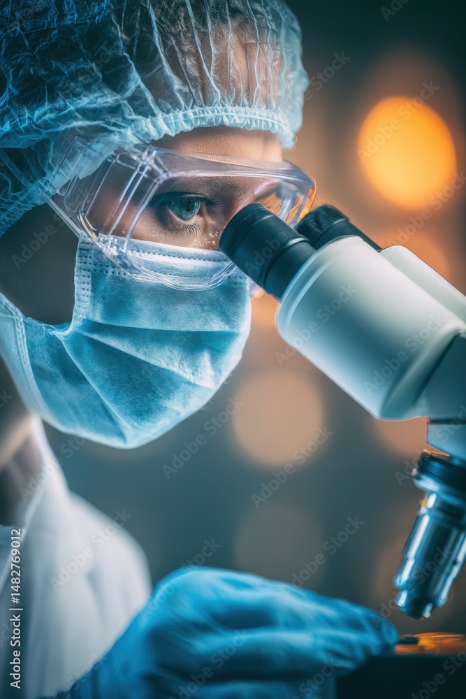 Aufkleber scientist examining sample under microscope in lab setting close up view medical research and develo