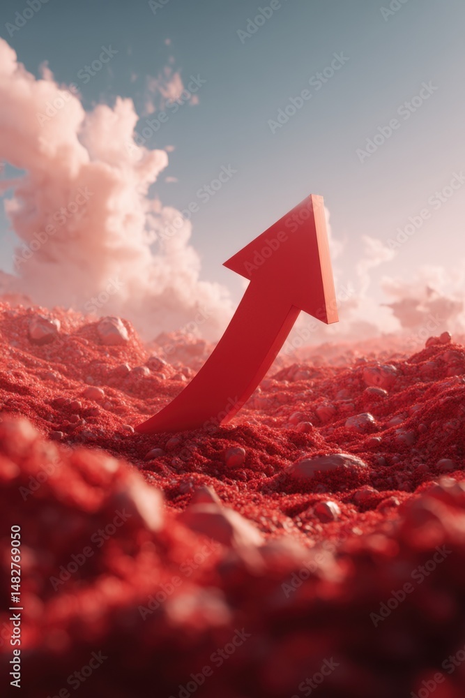 Poster red arrow rising on abstract landscape symbolizing growth and success against a sky background low a