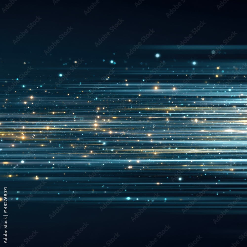 Poster abstract light streaks moving horizontally on dark background with bokeh effect for technology conce