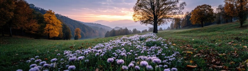 Fototapeta premium Blowing in the wind on grassy hill with dreamy sky concept. A serene landscape showcasing vibrant flowers and trees at dusk.