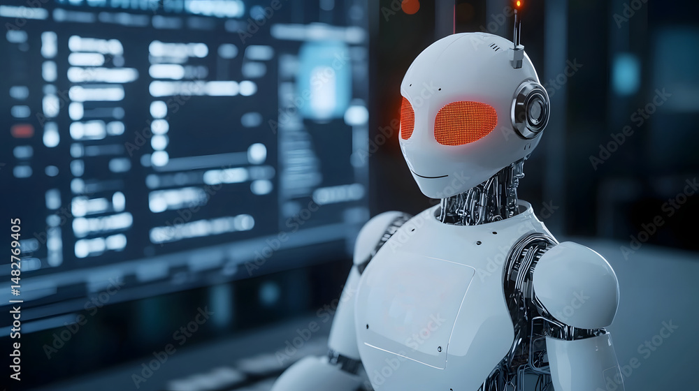 Poster robotic figure analyzing environmental data on a digital screen
