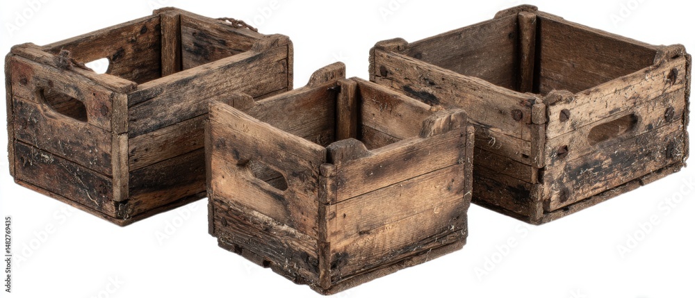 Poster three rustic wooden crates on white background eye level shot of vintage storage containers