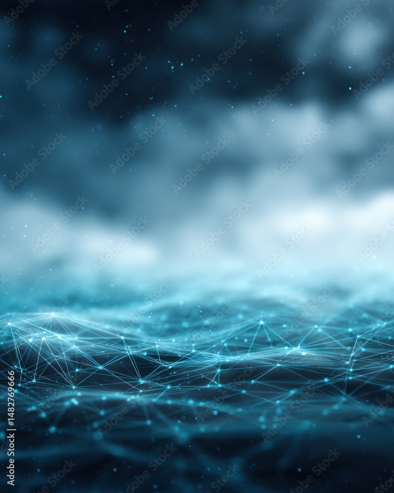 Poster abstract network connecting with glowing nodes on a blue wave background futuristic technology conce