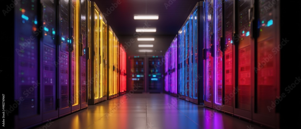 Poster Data Center Servers Hosting Digital Information in a High Tech Environment with Bright Neon Colors and Modern Design