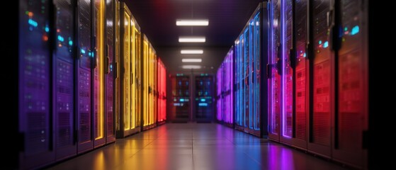 Data Center Servers Hosting Digital Information in a High Tech Environment with Bright Neon Colors and Modern Design