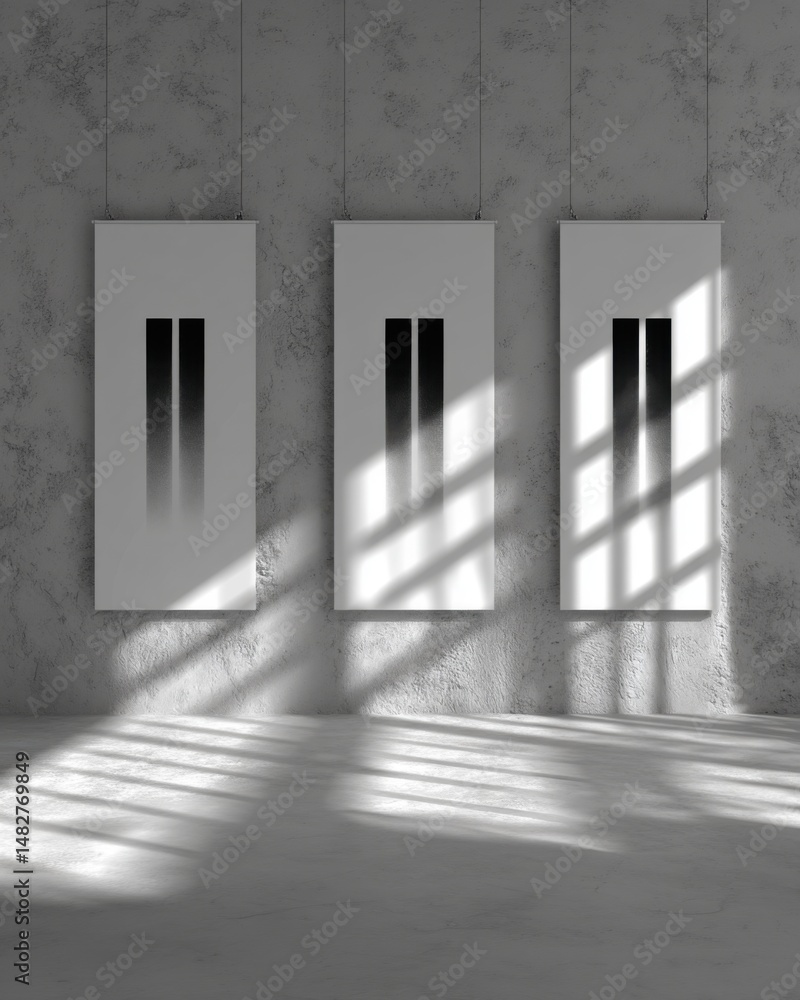 Poster three abstract posters hanging on a concrete wall in a room with sunlight streaming through a window