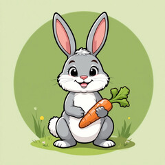 Obraz premium Cute Cartoon Bunny Holding a Carrot – Happy Gray Rabbit Vector Illustration with Green Background