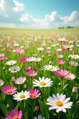 Fototapeta premium Expansive field, masses of blooming white & pink daisies , sunlit, texture