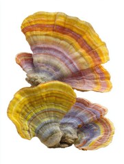 Obraz premium Colorful Turkey Tail Fungi Close Up on White Background Macro Shot of Trametes Versicolor Medicinal Mushroom