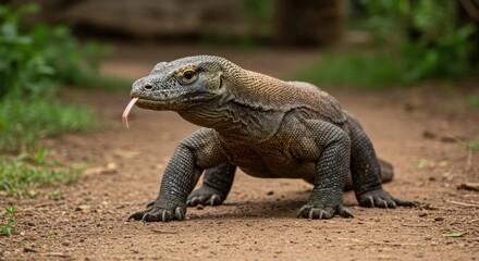 Fototapeta premium Closeup of a Komodo dragon, a rare animal that only lives naturally on Komodo Island, Indonesia.