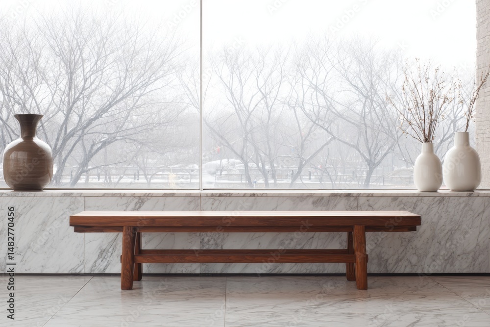 Poster interior view of bench and vases against snowy landscape through window in modern marble building