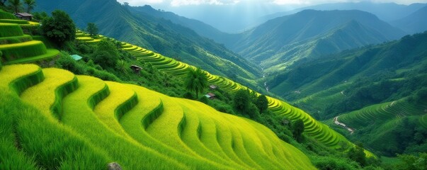Obraz premium Emerald rice terraces cascading down volcanic slopes, breathtaking, paddies, eco