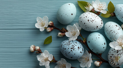Various light blue and white eggs create an Easter background, a light pastel blue wooden surface provides a backdrop for spring flower arrangements 
