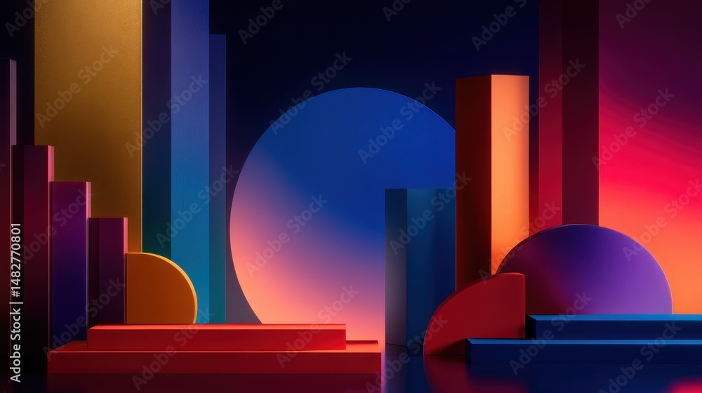 Poster abstract geometric shapes in vibrant colors create a visually striking composition with gradients