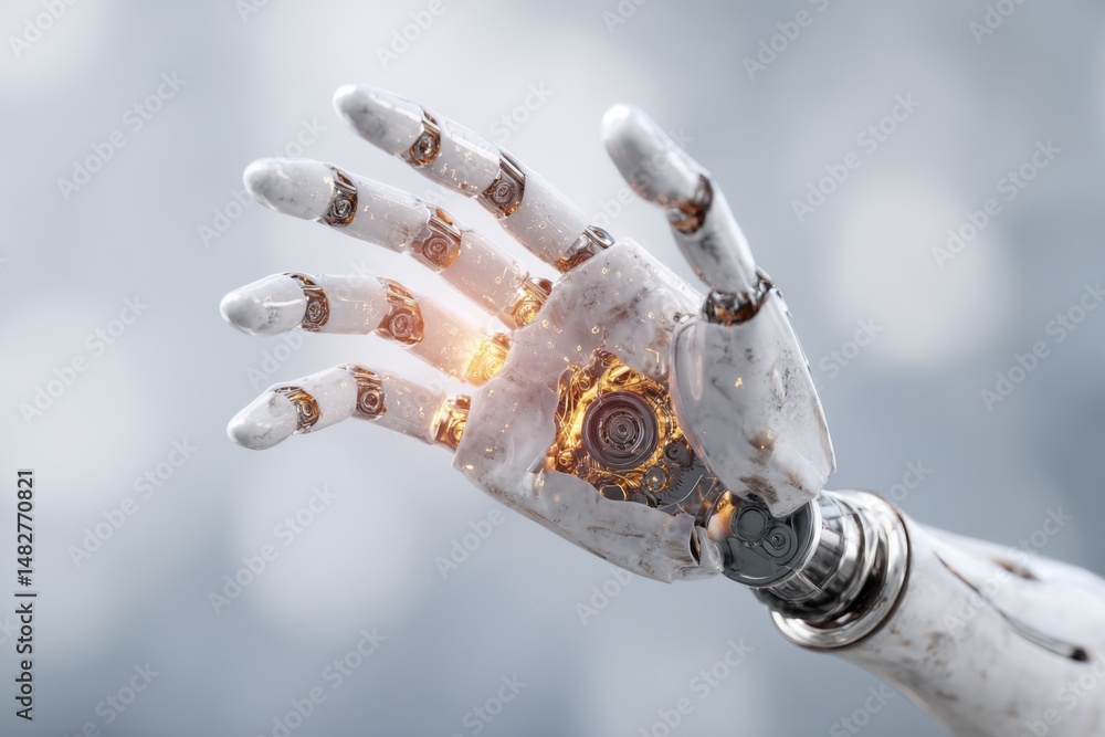 Poster futuristic robotic hand reaching out in a close up shot against a blurred background for science and