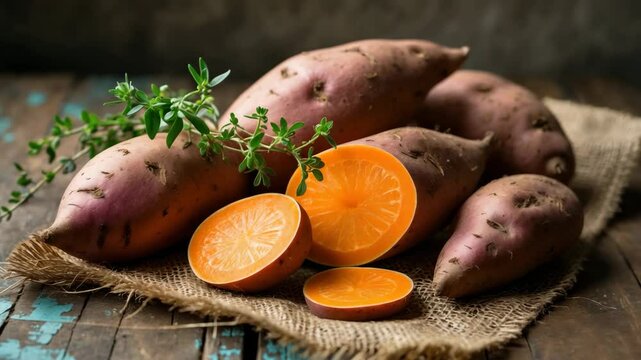 Wooden table featuring fresh raw sweet potatoes and thyme.