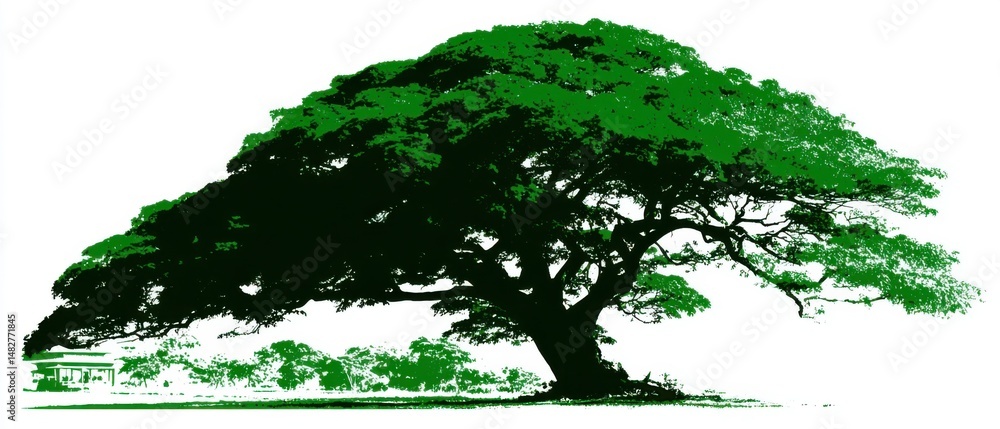 Poster silhouette of a large tree with green foliage and a small building in the background on a white back