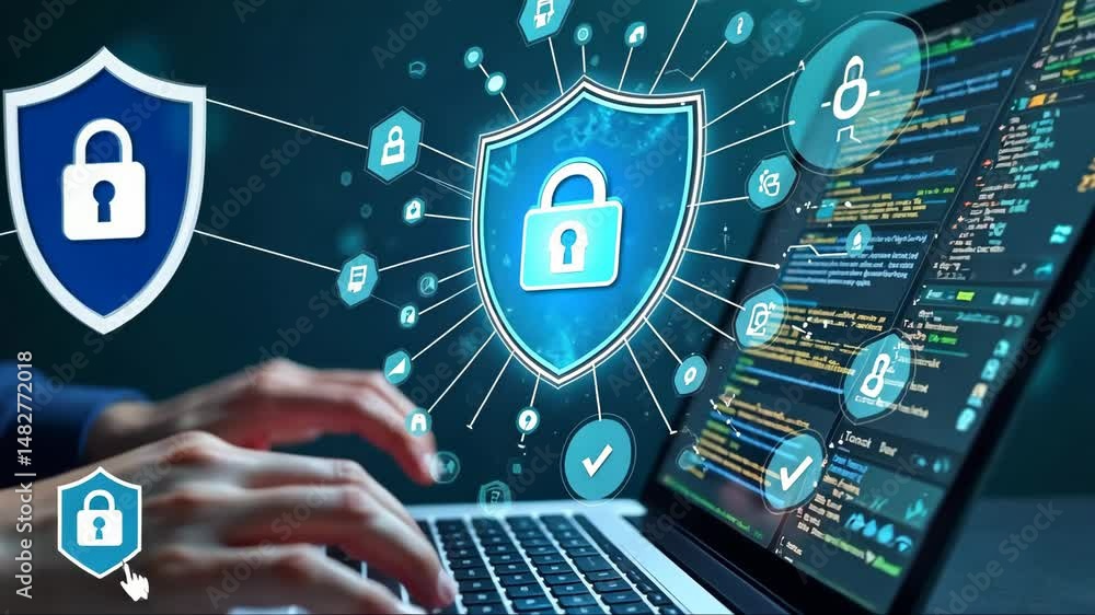 Poster person is typing on a laptop with a blue shield on the screen. the shield has a lock on it. the lapt