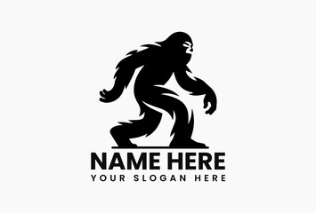 Simple black and white vector logo silhouette of Bigfoot walking on a clean white background. Mythical creature concept
