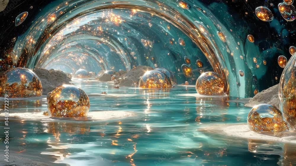 Poster futuristic glowing orbs floating in a surreal aqua tunnel with reflections and sparkles