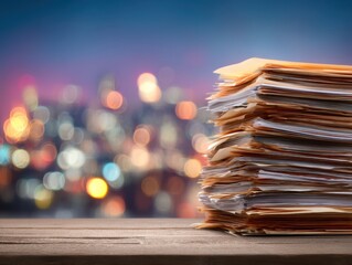 Stack of Documents on Wooden Table with City Lights Background, Paperwork Pile, Office Workload, Overload, Close-up