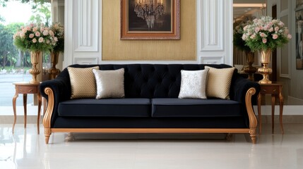 Luxurious black sofa with gold accents in a modern living room