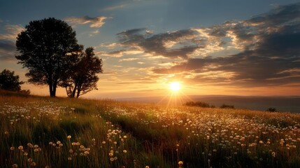 Fototapeta premium Blowing in the wind on grassy hill with dreamy sky concept. Beautiful sunset over a field filled with flowers and trees.