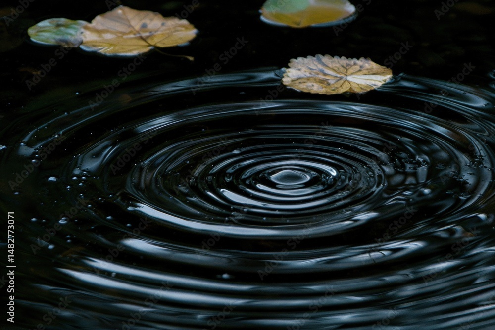 Poster fallen leaves float on dark water, surrounded by concentric ripples from a single drop.