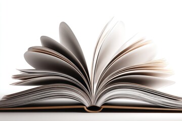 Open book with turning pages on white background low angle conceptual knowledge and learning resource