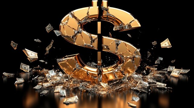 Golden dollar sign breaking apart with cash scattered around in a dynamic explosion - Powered by Adobe