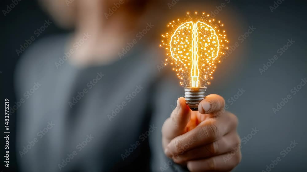 Poster a person in a gray sweater holds a glowing digital light bulb composed of neural-like network lines 