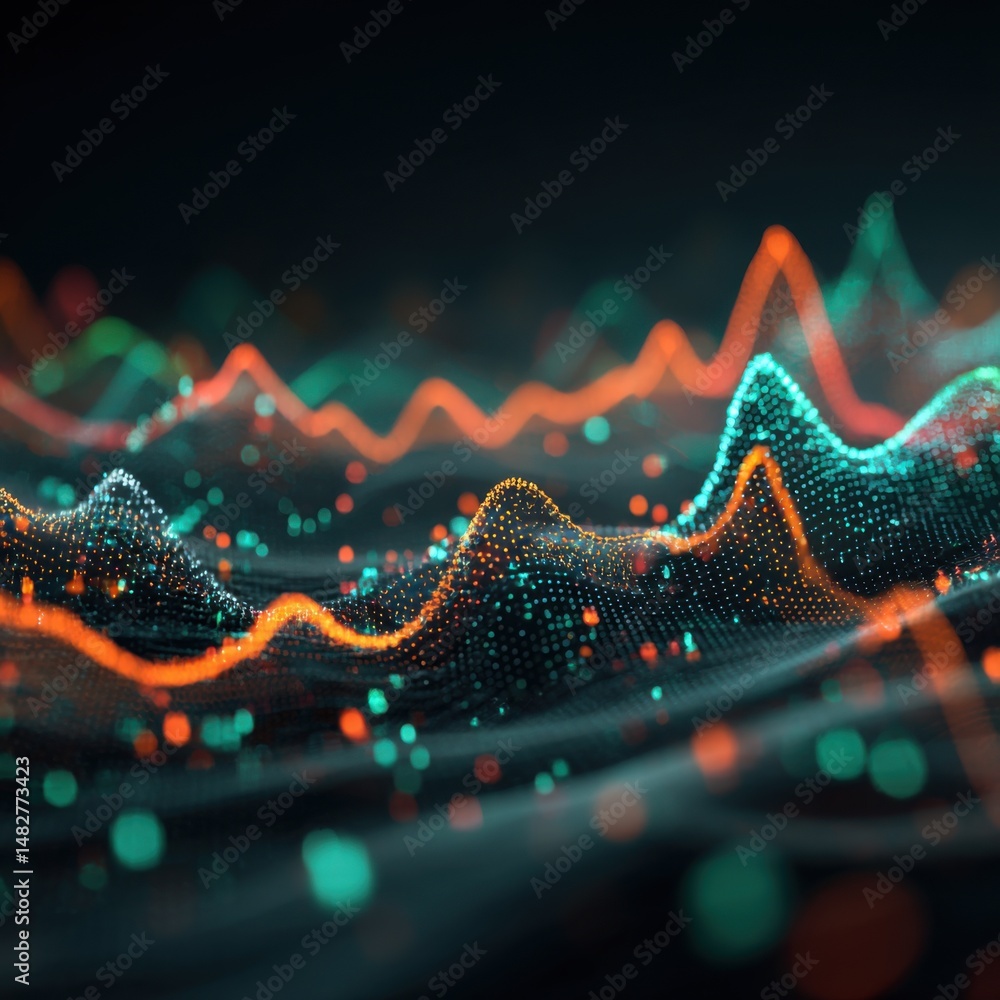 Aufkleber data visualization of digital waves with orange and teal lights on dark background abstract technolo