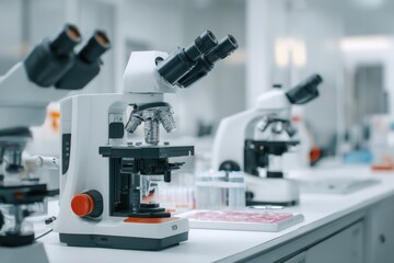 Fototapeta premium Close up of modern microscopes in a laboratory setting, scientific research and medical analysis, bright clean lab interior