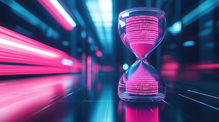 Digital hourglass, neon lights, binary code, reflection, futuristic design, time concept in a high-tech environment