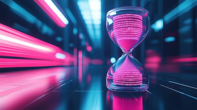 Digital hourglass, neon lights, binary code, reflection, futuristic design, time concept in a high-tech environment