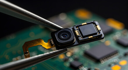 Detailed Close Up of a Black Camera Module Held By Tweezers on Green Circuit Board Highlighting Electronic Components and Precision Engineering