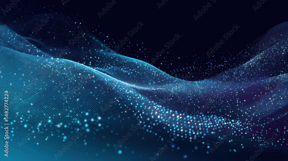 Poster abstract blue wave of digital particles flowing on dark background studio shot for technology concep