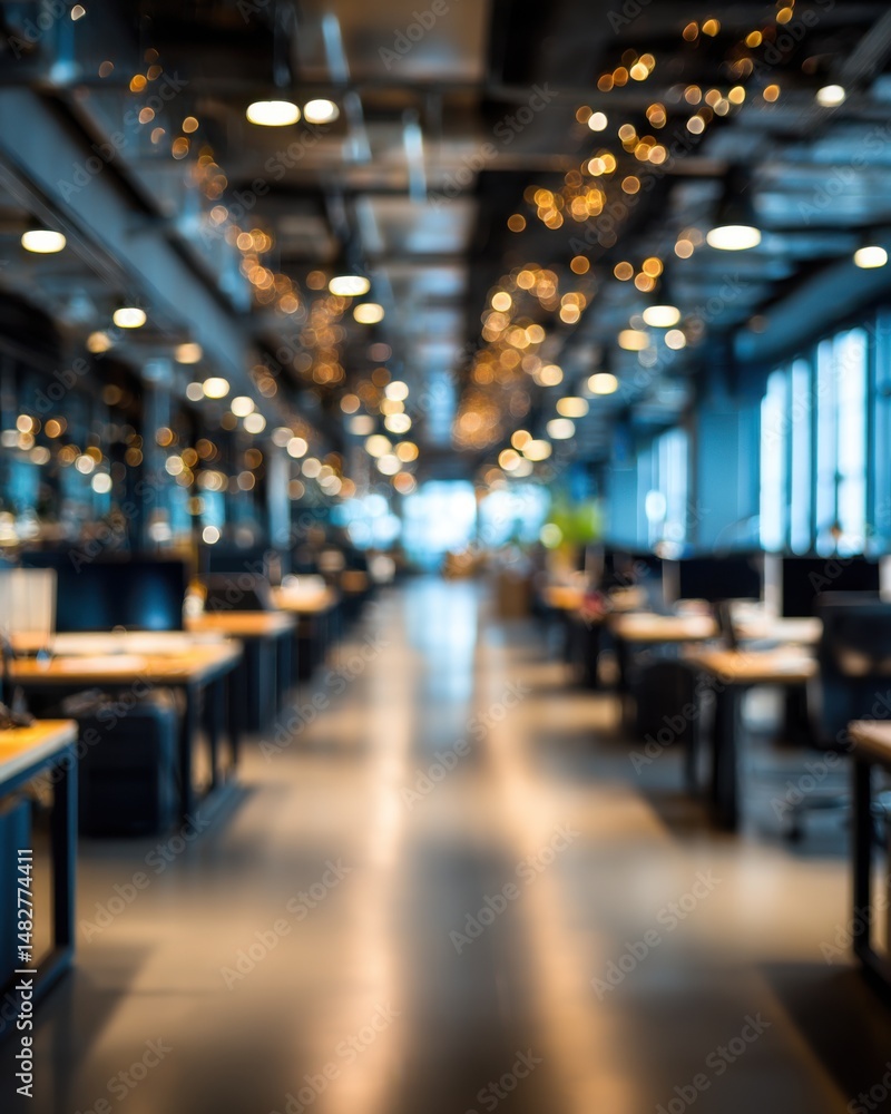 Aufkleber blurred view of modern office space interior with desks and computers and bokeh lights overhead in a