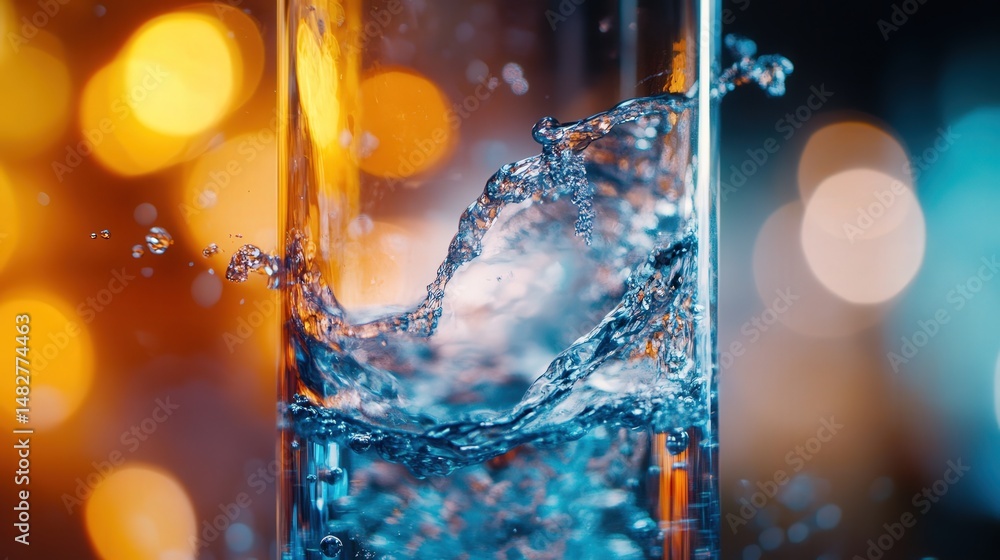 Poster macro view of boiling water in a test tube, focusing on the chaotic motion and interaction of heat a