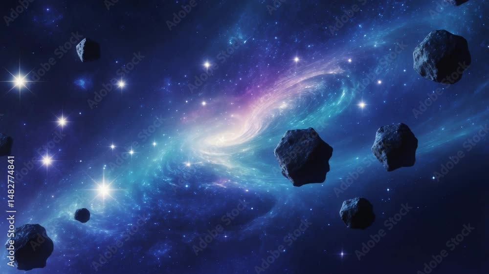 Poster an abstract cosmic background showing asteroids and glowing stars. ai furnished elements for this im