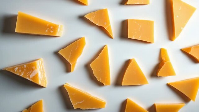 Coarse chunks of hard mature cheese, overhead view with distinguished shadows.