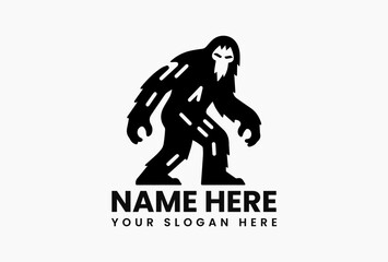 Black and white vector silhouette of legendary Bigfoot creature walking on pristine white background. Cryptid logo concept  