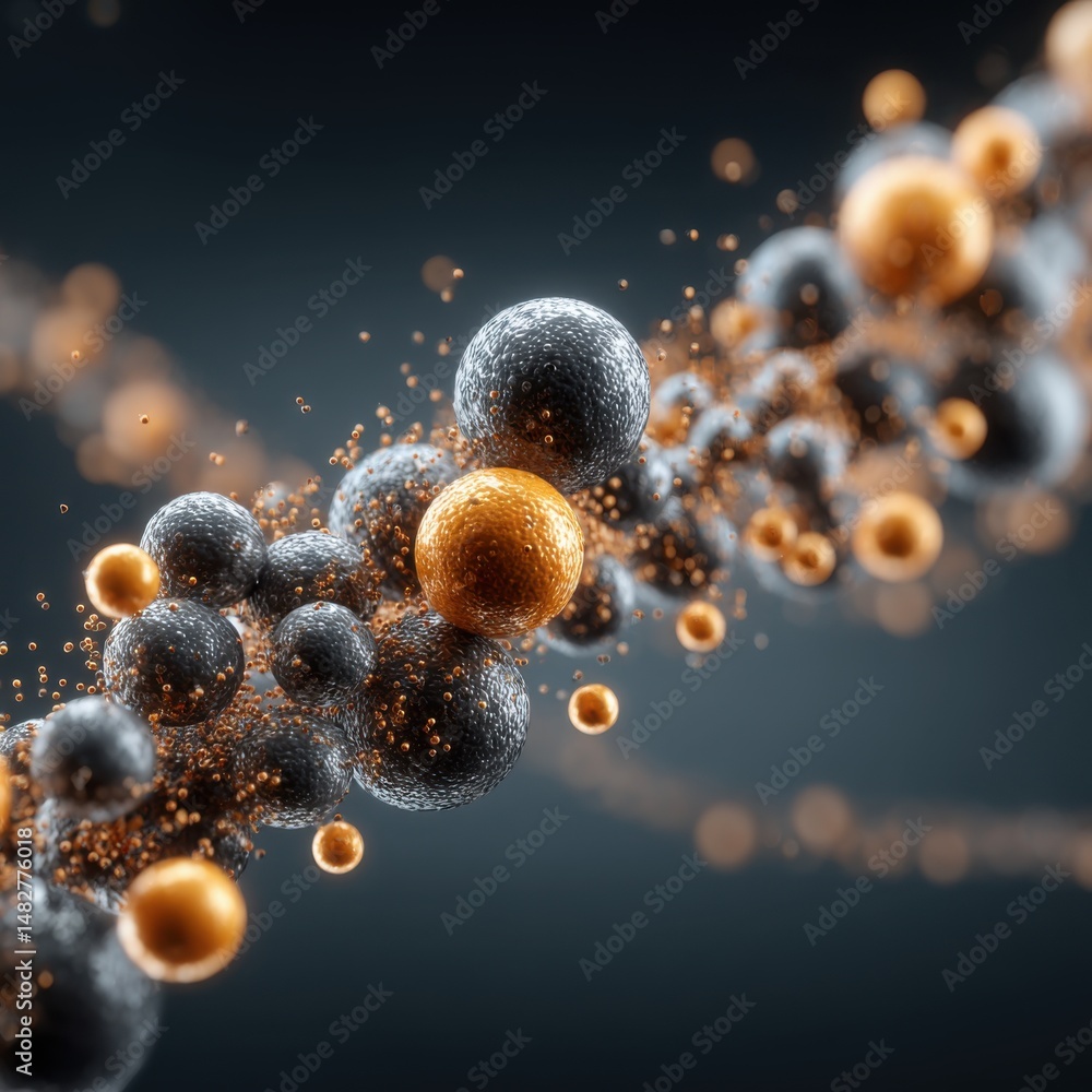 Poster abstract spheres floating in space digital art close up shot with gold and dark grey colors