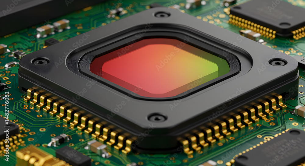 Poster detailed colorful sensor on green circuit board macro shot displaying modern micro technology and pr
