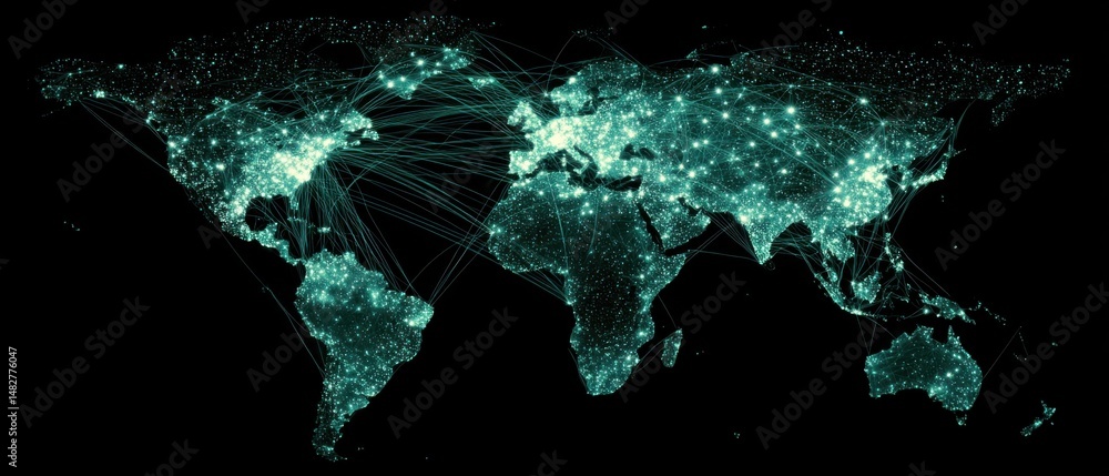Poster world map showing global connections and networks in teal on black background illustrating connectiv